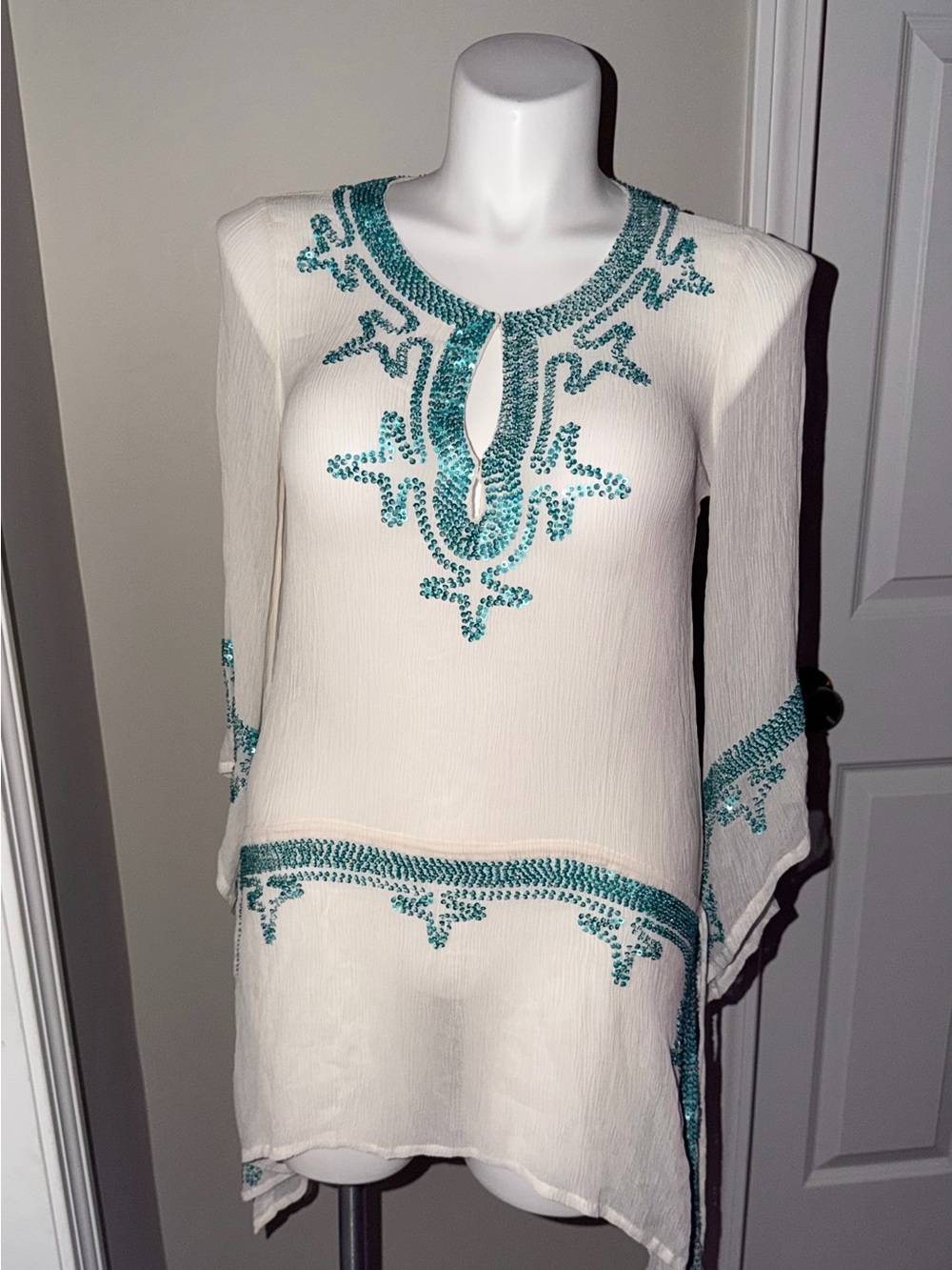 Calypso St. Barth 100% Silk White & Turquoise Sequined Beach Cover-Up Tunic - Picture 3 of 15